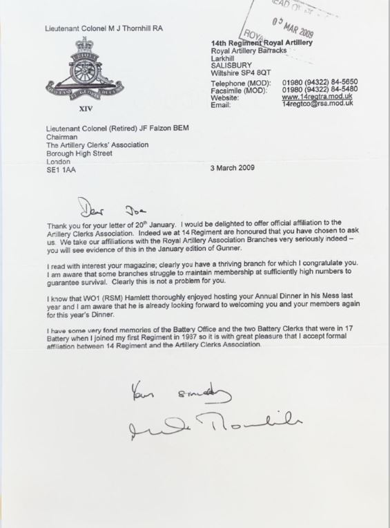 Association letter of affiliation from 14 Regt RA